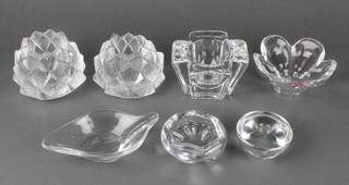 Orrefors, a clear glass 4 sided dish  2 1/2", 2 candle holders and 4 other items 