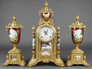 A 20th Century Italian clock garniture comprising striking mantel clock contained in a "porcelain" and gilt metal case surmounted by an urn together with 2 side pieces