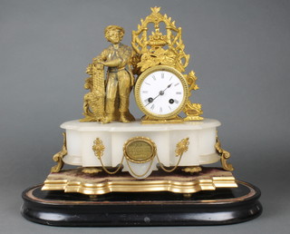 A Victorian Century French 8 day striking mantel clock with enamelled dial and Roman numerals contained in a gilt spelter and alabaster case complete with dome