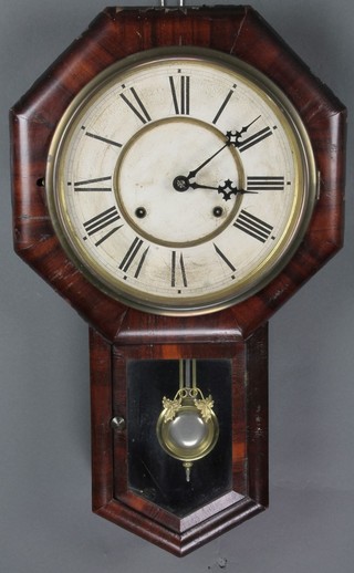 A 19th Century American striking drop dial wall clock, the 10" dial with Roman numerals contained in a mahogany case