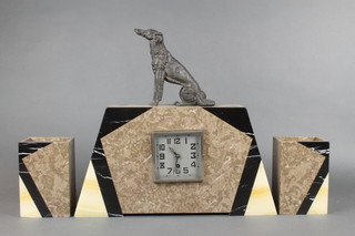 A French Art Deco 3 piece clock garniture  comprising timepiece with square silvered dial and Arabic numerals contained in a 3 colour marble case surmounted by a spelter figure of an Afghan hound together with 2 rectangular side pieces 