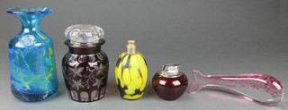 A flash glass floral jar and cover 7" and four other glass items