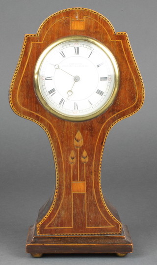Bravingtons of Kings Cross and Ludgate Hill, an Art Nouveau timepiece with enamelled dial and Roman numerals contained in a shaped inlaid mahogany case 11"h 