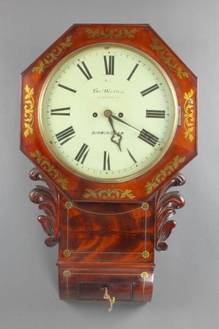 Thomas Woollon of Great Hampton Street Birmingham, a 19th Century fusee drop dial striking wall clock with 12" painted dial contained in a mahogany inlaid brass case 
