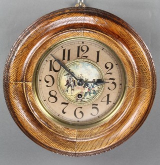A Continental wall clock with 7 1/2" paper dial, the centre decorated, contained in an oak case 