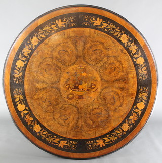 A good mid Victorian inlaid walnut circular centre table, the veneered top with a centre panel depicting a bowl of fruit and insects within an ebonised border inlaid with scrolling flowers, raised on a hexagonal baluster stem with 3 carved scroll legs 37"h x 52" diam. 
