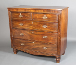 A 19th Century mahogany chest of 3 long drawers, raised on turned supports with ivory shield shaped escutcheons, raised on turned supports 49"h x 21"w x 21" 