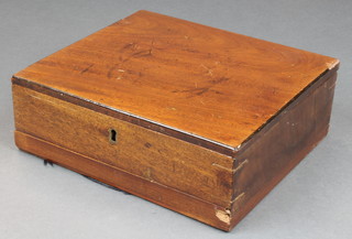 R Ackermann, a 19th Century mahogany artists paint box with hinged lid, the base fitted a secret drawer, the interior with paper label marked R Ackerman, manufacture of super fine watercolours to his Majesty 3"h x 9"w x 8"d 
 
