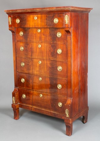 A 19th Century French mahogany chest of 6 long drawers with gilt drop handles and columns to the sides with gilt metal mounts 62"h x 41"w x 21"d 
