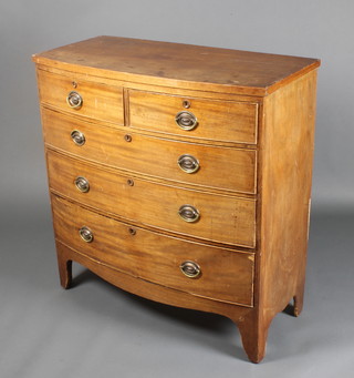 A 19th Century mahogany bow front chest of 2 short and 3 long graduated drawers with oval repousse brass handles, raised on bracket feet 40"h x 38"w x 19 1/2"d
