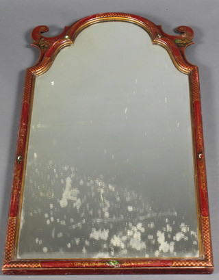 An arch shaped bevelled plate wall mirror contained in a red lacquered chinoiserie style frame  33"h x 19"w 