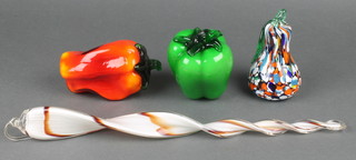 A glass paperweight/ornament in the form of a green pepper 3", an End of Day glass style ditto in the form of a pear 4", ditto red pepper 5" and a spiral turned brown and white glass mobile 15" 