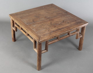 A square Chinese hardwood table raised on turned supports 18"h x 31"w x 32"d