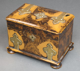 A Victorian simulated walnut twin compartment tea caddy with gilt metal mounts, raised on bun feet 4"h x 6 1/2"w x 5"d