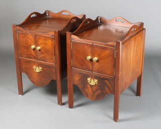 A pair of Georgian style mahogany tray top commodes with three quarter galleries, fitted cupboard above drawer 26"h x 17"w x 19"d
