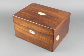 A Victorian rectangular rosewood vanity box with hinged lid, the interior fitted glass bottles and with ivory decoration, the base fitted a secret drawer 7"h x 12"w x 9"d 
