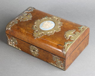 A Victorian walnut D shaped trinket box with gilt metal mounts and Jasper style plaque to the centre 3"h x 9"w x 6"d 
