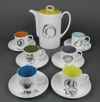 A Susie Cooper coffee set with fruit decoration comprising coffee pot, 6 cups and 6 saucers