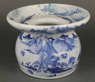 A 19th Century Chinese blue and white spittoon with compressed globular body and flared rising neck, decorated with an extensive country landscape with figures with cattle and fisherman and distant mountains similarly decorated on the lip 6 1/2" 