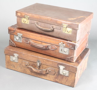 3 brown leather suitcases 8" x 26" x 15", 7" x 24" w x 14" and 6" x 22" x 13"