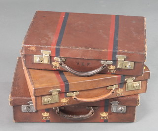 3 brown leather attache cases all marked HKT and with blue and red stripe 4 1/2" x 18" x 11" and  4" x 16" x 10" (2)