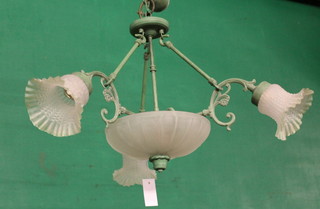 A 1930's style verdigris metal and glass 3 light electrolier 
