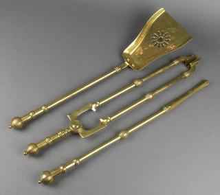 3 19th Century brass fireside implements - shovel, poker and pair of tongs 