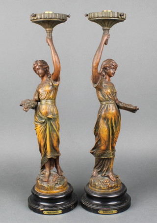 A pair of 19th Century French spelter table lamps in the form of standing ladies - Automne and Printemps 19"h (some damage to hand) 