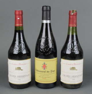 2 bottles of 1994 Comte de Peyrevive Crozes-Hermitage and a bottle of 2008 Chateauneuf du Pape 
 
