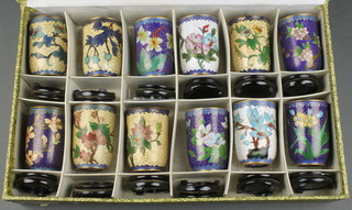 12 cloisonne enamelled beaker shaped specimen vases 3", cased 