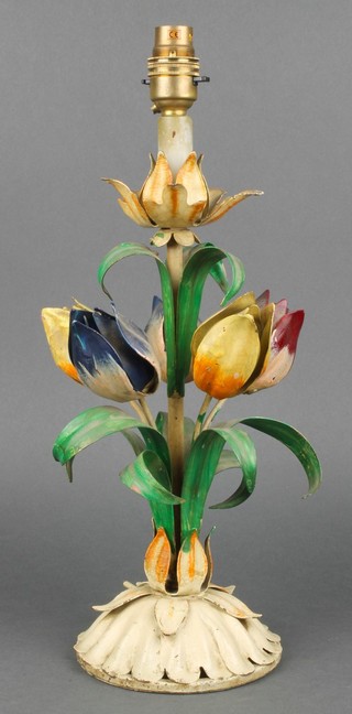 A pressed metal table lamp in the form of tulips 18"h 