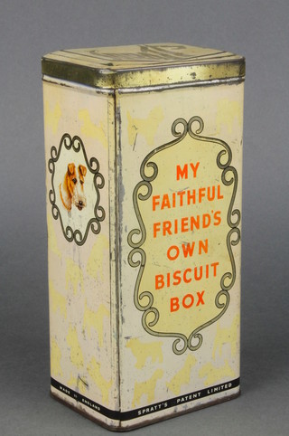 A Spratt's dog biscuit tin marked "My faithful friends own biscuit box" decorated an Airedale Terrier and a Spaniel  