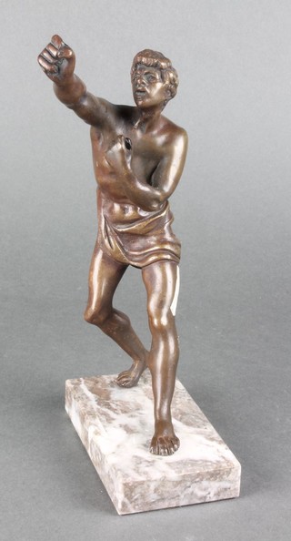 A bronze figure of a standing gentleman with arms outstretched, raised on a marble base 8" 