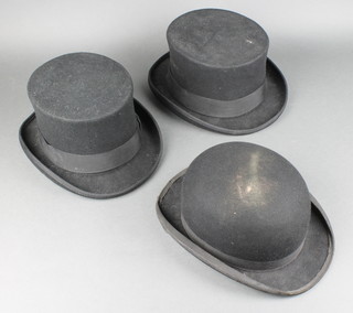 2 black felt top hats and a bowler hat by Locks (some damage to the rim) 
