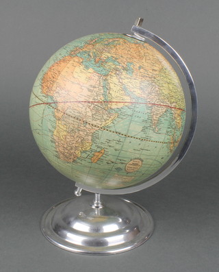 A Webber Costello Company 12" terrestrial globe on a chrome base 