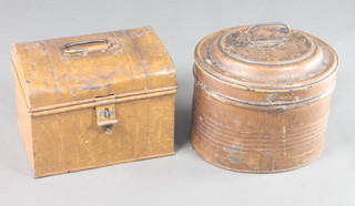 A 19th Century oval pressed metal hat box 9"h x 12"w x 11"d and a 19th Century rectangular pressed metal box 8"h x 11"w x 8"d 