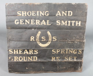 A pressed metal sign "Shoeing and General Smith RSS shears springs ground reset" 33" x 36", some corrosion and holes 