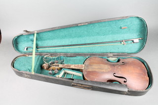A violin with 2 piece back 14", bearing label Paulo Antoni Testore, in poor condition, requires restoration, complete with bow and contained in a wooden case 