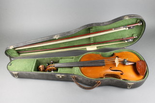 An old violin with 2 piece  back 14",  by C B Colin, bears label Lutherie Artistique Jean Baptiste Colin, annee 1896, contained in a shaped case by W.E. Hill & Sons together with 2 bows 