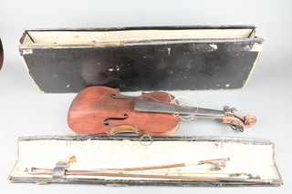 An old violin labelled  E. H. Roth 13 1/2",  contained in a square case together with 2 bows 