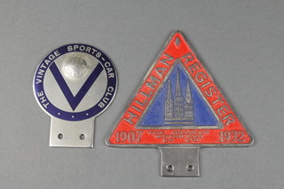 A Hillman Register radiator badge no. M9445 together with a Veteran Sports Car radiator badge