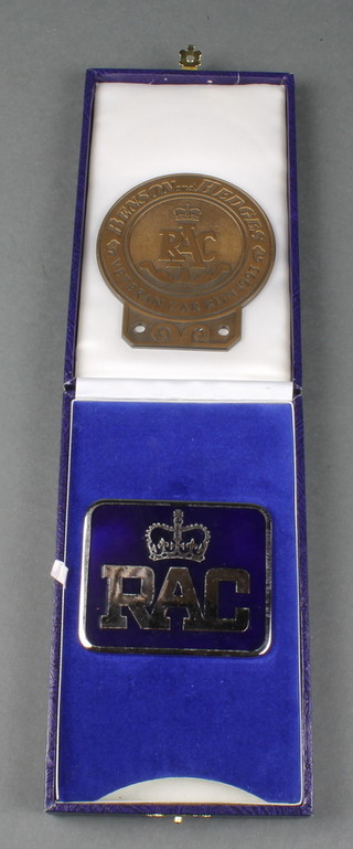 An RAC enamelled radiator badge by Toye Kenning and an RAC bronze radiator badge - Benson & Hedges vintage car run 1993 