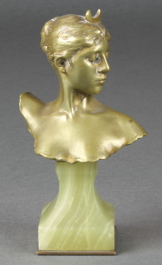 After A Falguiere, an Art Nouveau bronze head and shoulders portrait bust of Diana, signed to the reverse and on square tapered marble plinth, marked Reide Cefeus Paris  4" 