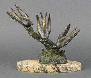 An Art Deco spelter figure group of 3 birds raised on an oval marble base 8"h 