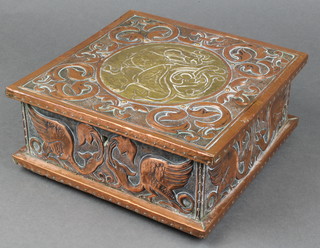 A Newlyn style planished copper and brass square trinket box with hinged lid, the body decorated griffins, raised on 4 stud supports 4"h x 8"w x 8"d 