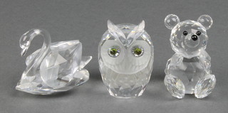 Three Swarovski figures  - Swan 2," Teddy Bear 2" and Owl 2", all boxed