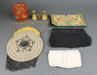 A Turkoman style cylindrical lacquered jar and cover 4", a pair of opera glasses, 2 ladies evening bags and other minor items etc 
