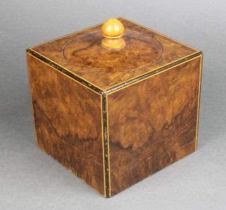 An Art Deco square figured walnut tobacco jar and lid with ebonised and satinwood stringing 5" x 5" 