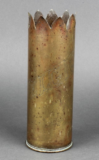 A First World War Trench Art vase formed from a brass shell marked 1915 Belgique 9" 