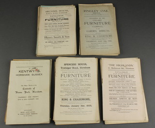 A collection of 1930's and 40's sale catalogues including Henry Smith & Sons at Kentwyns, the contents of Denne Park, Burford Lodge Depot Road Horsham, Oakleigh 24 Rusper Road Horsham, 186 New Street Horsham, Clarence Road Store, Dutchells Rusper Road Horsham, Cedars North Parade Horsham, Spencer's House Trafalgar Road Horsham, Rivermead Hall Horsham and others